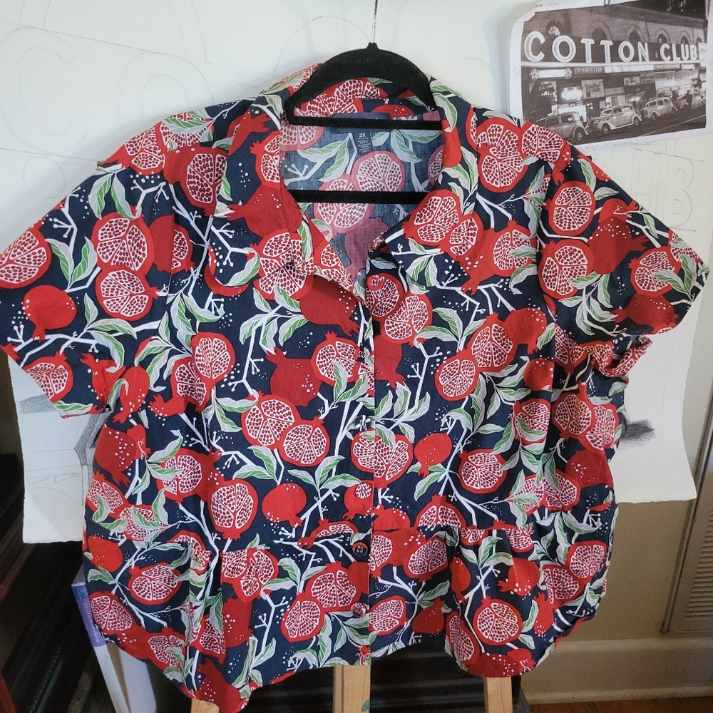 Modcloth Vibrant Red and Blue Pattern Shirt